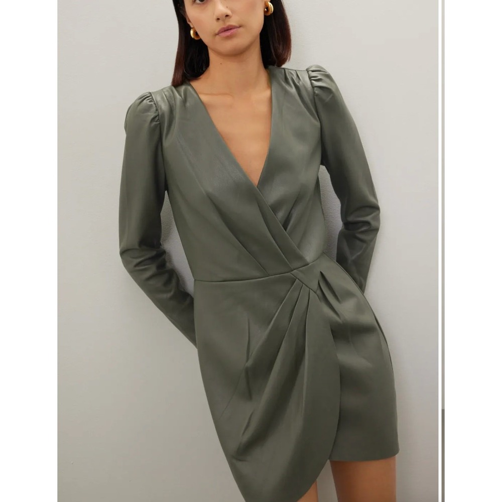 Saylor Dress Women Small Green Faux Leather Veronicka Mini Wrap V-Neck Edgy